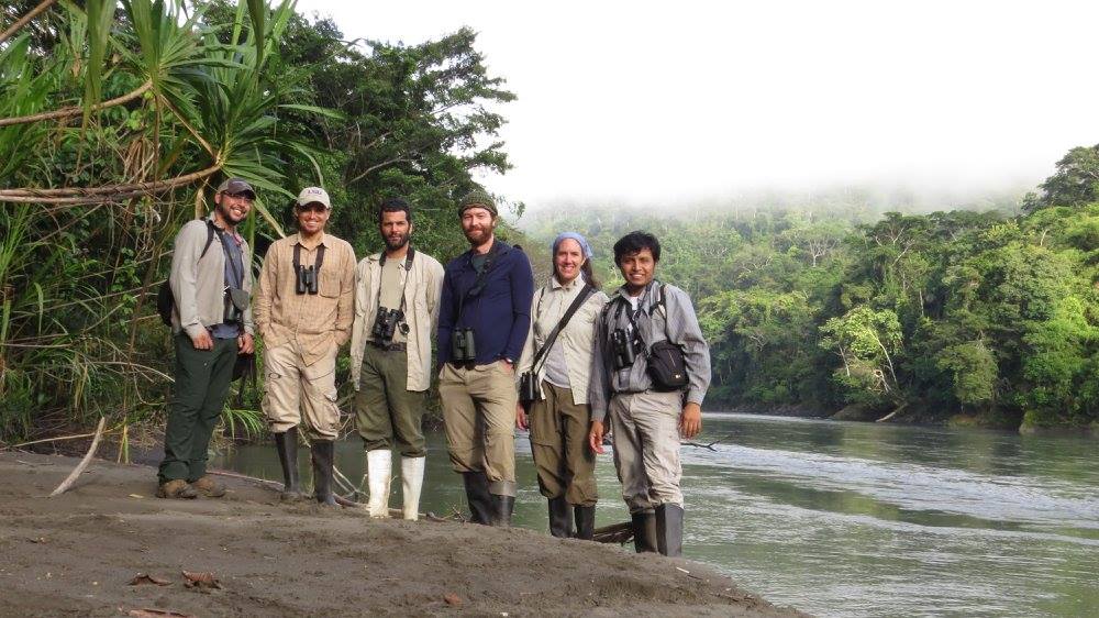 Mauricio, Diego, Renzo, Ian, Felicity, and Elio on a tributary of the Rio Madre de Dios near Villa Carmen.
